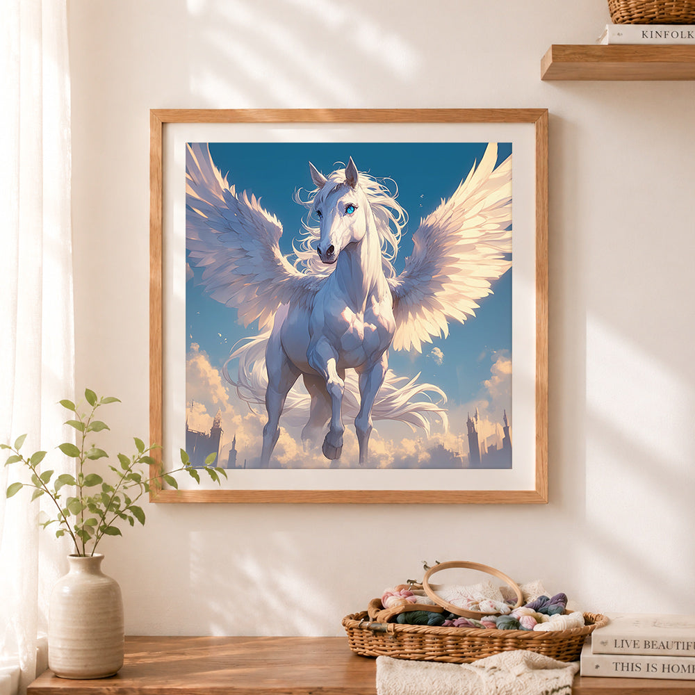 Finished majestic winged pegasus above clouds cross stitch artwork displayed as home decor