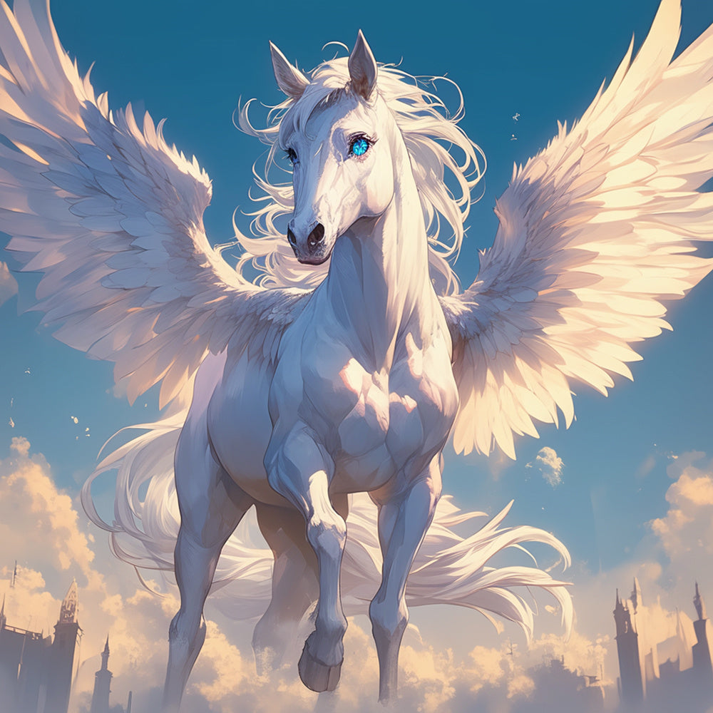 Majestic winged pegasus above clouds cross stitch kit for beginners