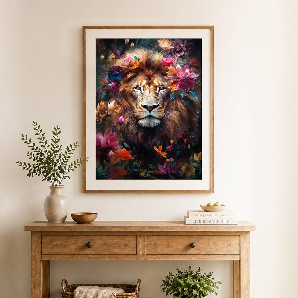 Finished male lion among flowers cross stitch artwork displayed as home decor