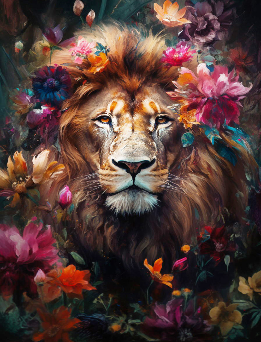 Male lion among flowers cross stitch kit for beginners