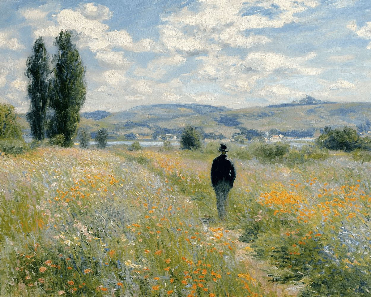 Man in hat walking through flower field cross stitch kit for beginners