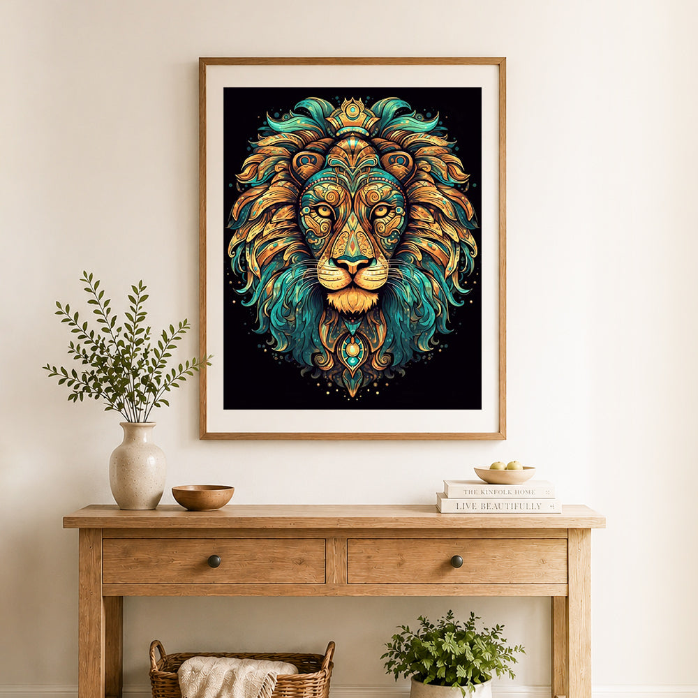 Finished mandala ornate golden lion cross stitch artwork displayed as home decor