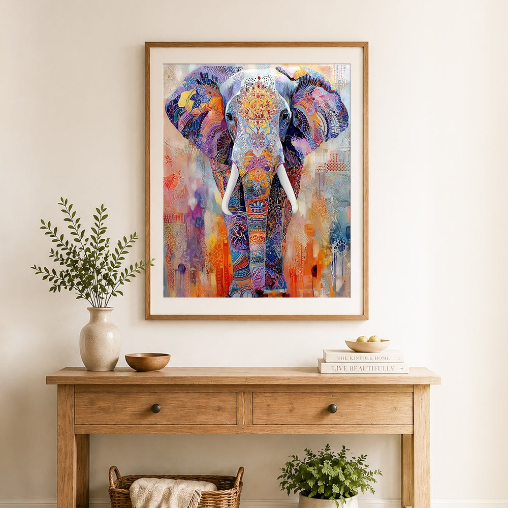 Finished mandala patterned elephant cross stitch artwork displayed as home decor