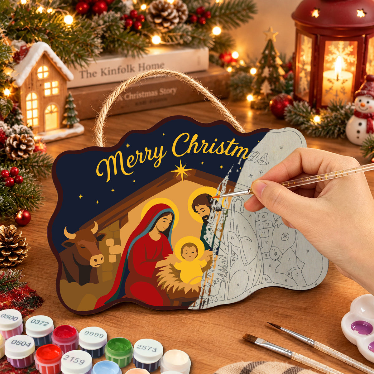 Manger holy family paint by numbers door hanger painting process