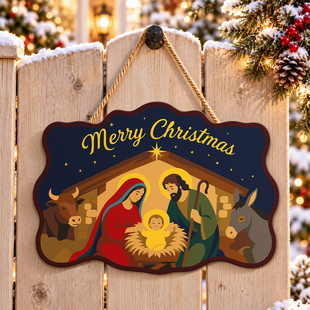Manger holy family paint by numbers door hanger on a garden gate