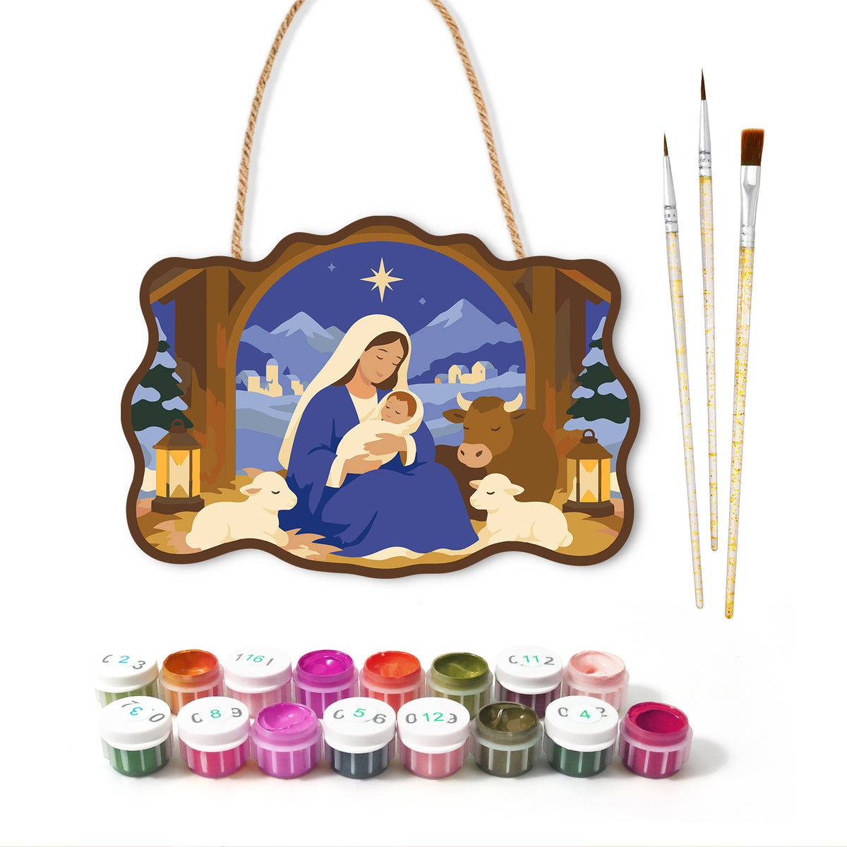 Manger holy night paint by numbers door hanger with paints and brushes