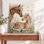 Finished mare and foal in grass pearl diamond painting artwork displayed as home decor