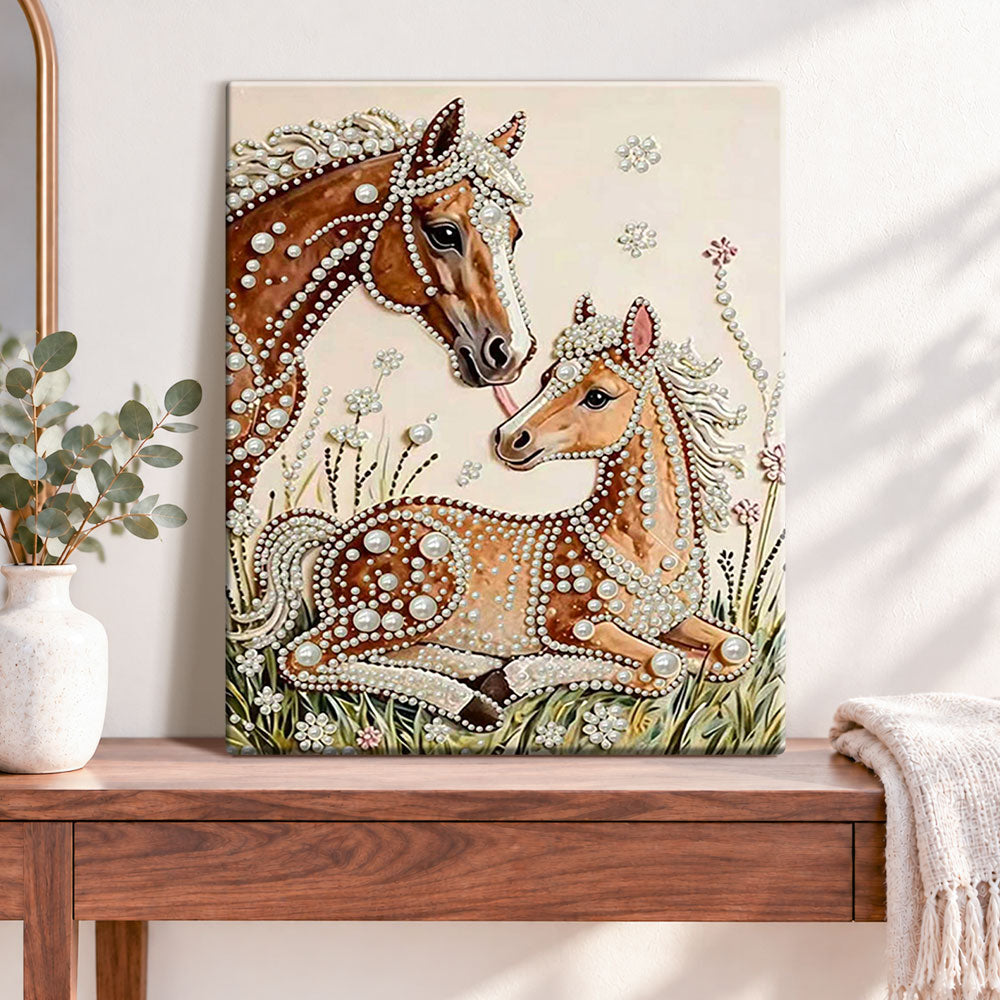 Finished mare and foal in grass pearl diamond painting artwork displayed as home decor