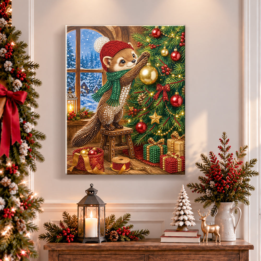 Finished marten decorating christmas tree pearl diamond painting artwork displayed as holiday home decor