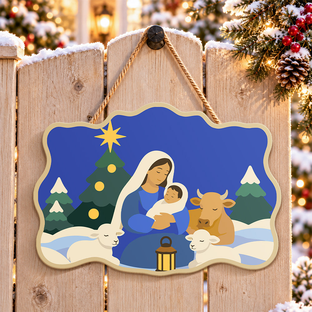 Mary and baby jesus paint by numbers door hanger on a garden gate