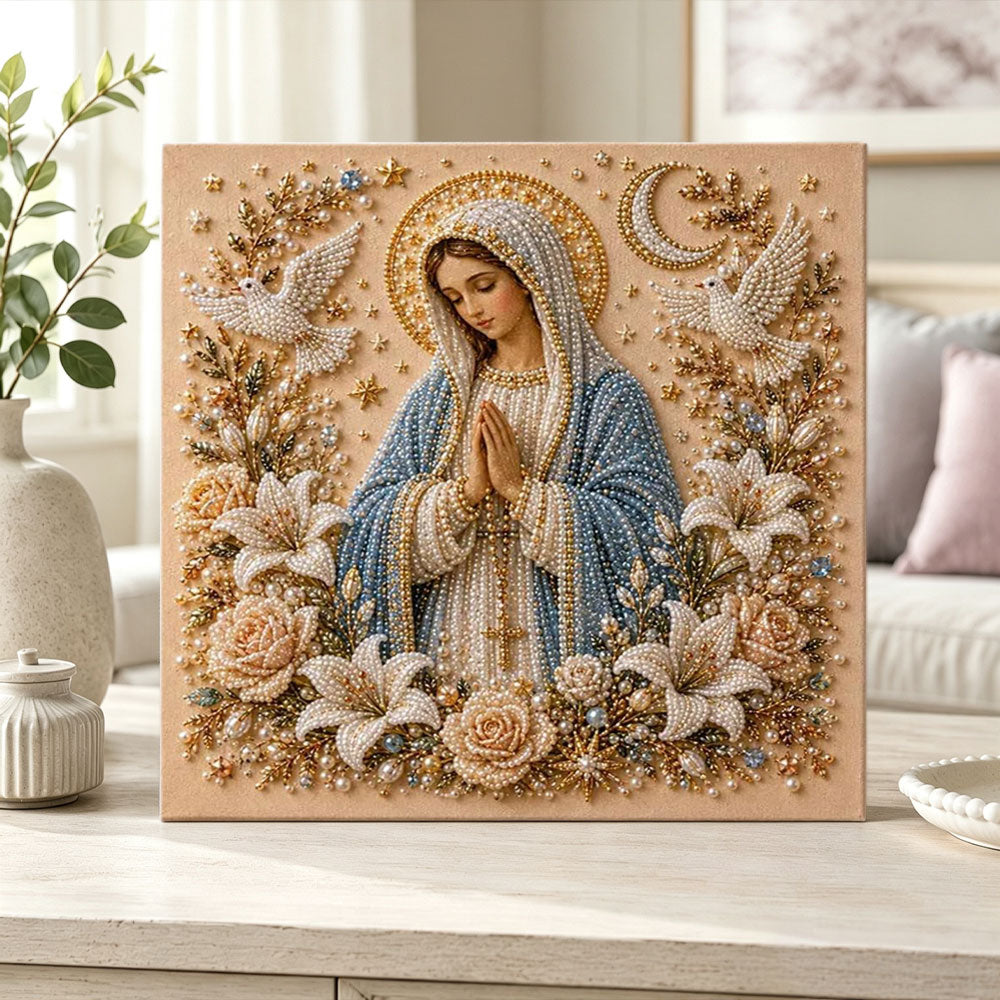 Finished mary’s gentle prayer pearl diamond painting artwork displayed as home decor