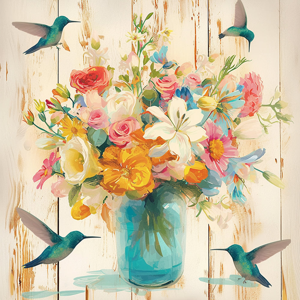 Mason jar flowers and hummingbirds cross stitch kit for beginners