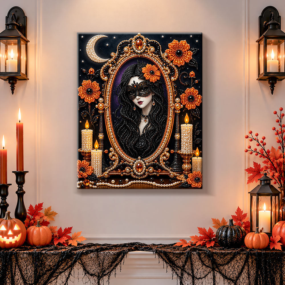 Finished masquerade lady in magic mirror pearl diamond painting artwork displayed as holiday home decor