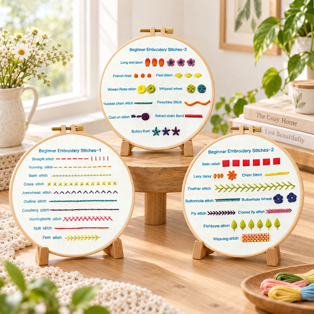 Master fundamental stitch skills embroidery kit finished hoop displayed on a wooden stand as cozy tabletop decor
