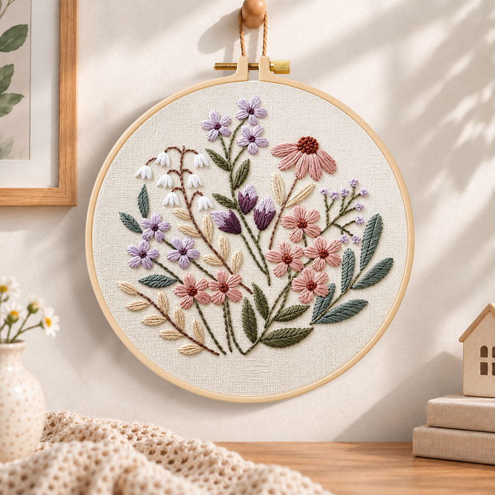 Mauve pastel blossoms embroidery hoop wall art displayed as warm and cozy handmade home decor