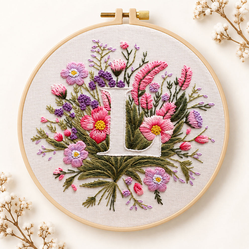 Mauve wildflowers and letter l embroidery kit