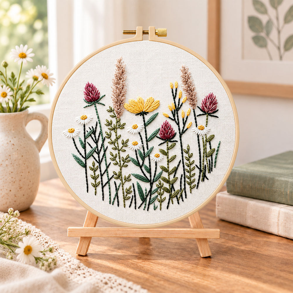 Meadow blossom embroidery kit finished hoop displayed on a wooden stand as cozy tabletop decor