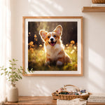 Finished meadow corgi cross stitch artwork displayed as home decor