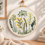 Meadow herbs hand embroidery hoop wall art displayed as warm and cozy handmade home decor