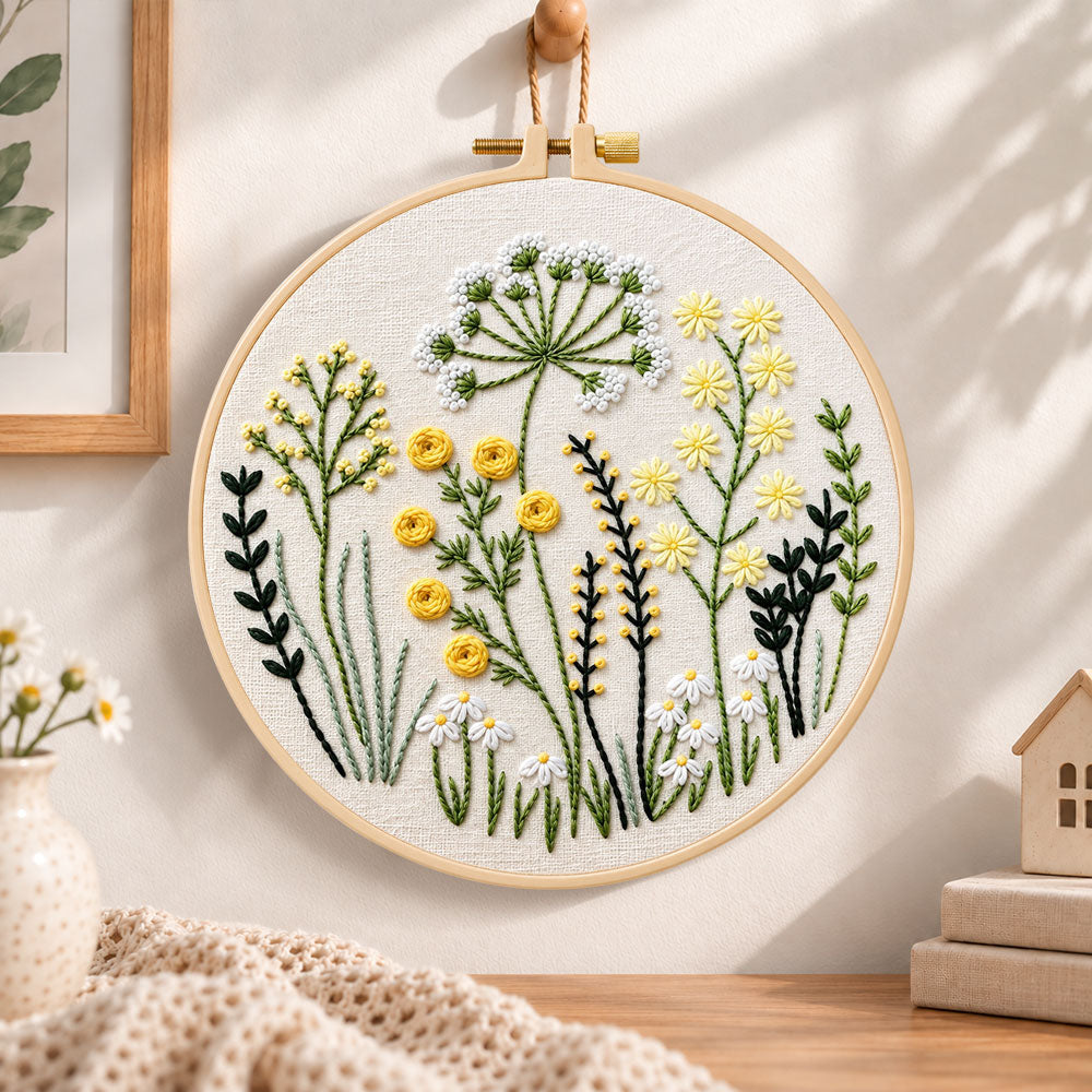 Meadow herbs hand embroidery hoop wall art displayed as warm and cozy handmade home decor