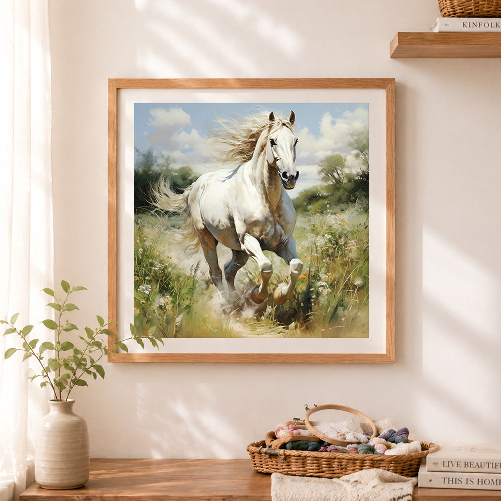 Finished meadow white galloping horse cross stitch artwork displayed as home decor