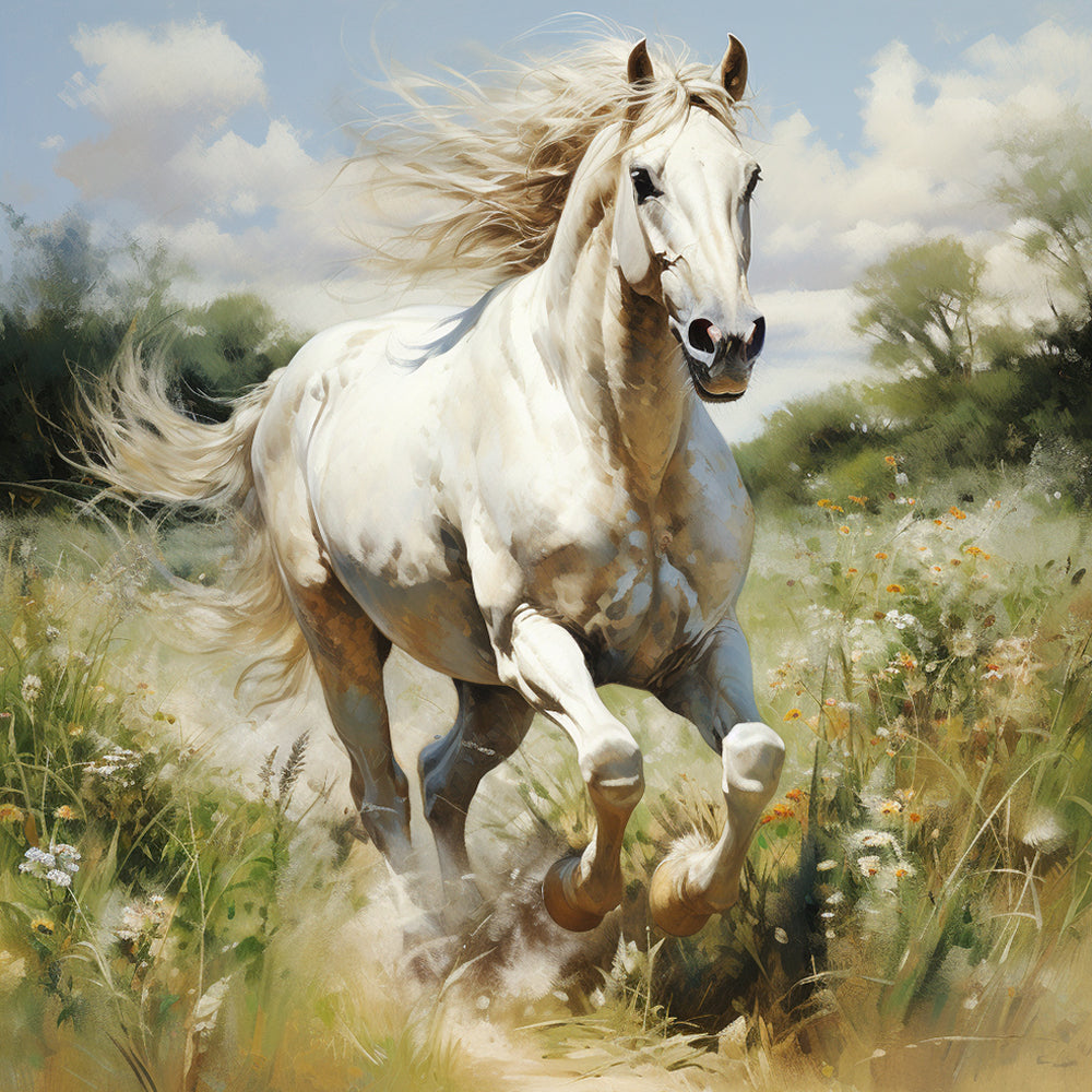 Meadow white galloping horse cross stitch kit for beginners