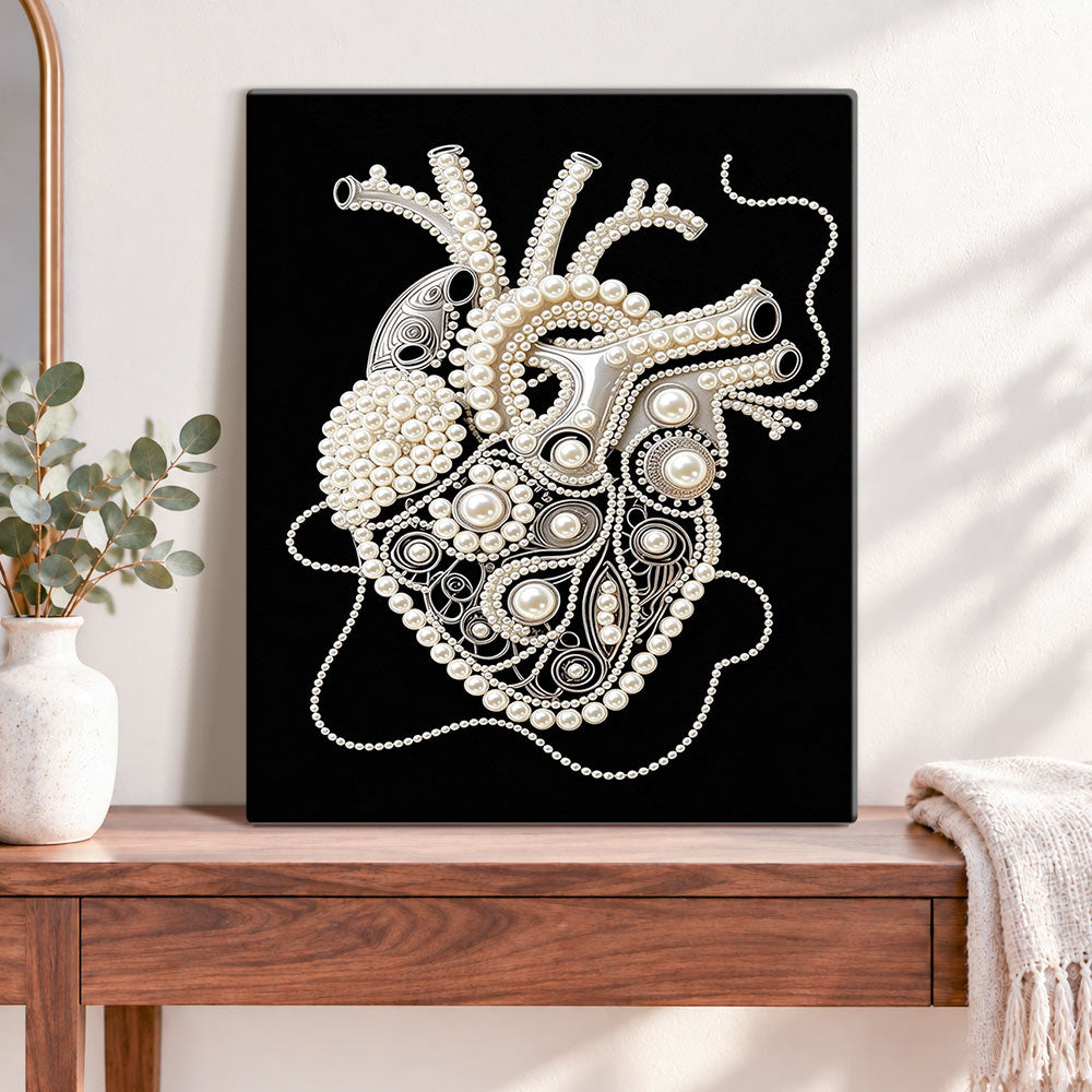 Finished mechanical pearl heart pearl diamond painting artwork displayed as home decor