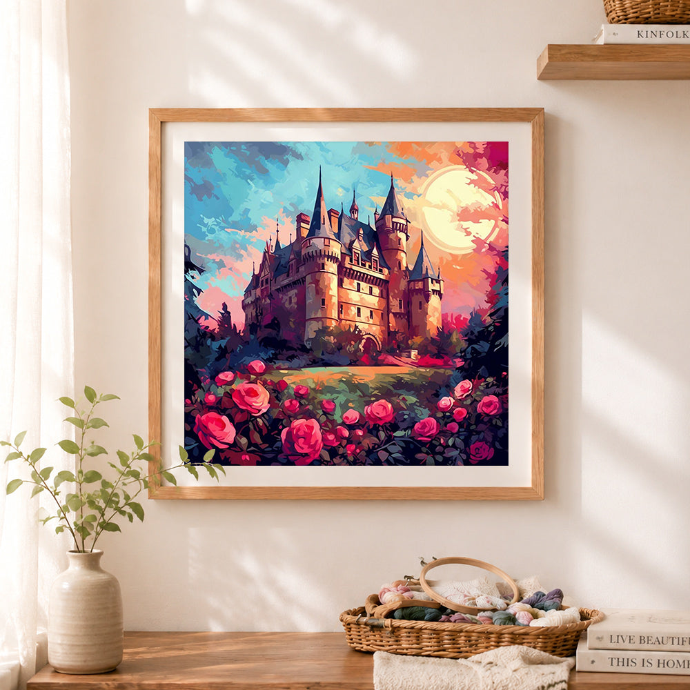 Finished medieval castle with roses cross stitch artwork displayed as home decor