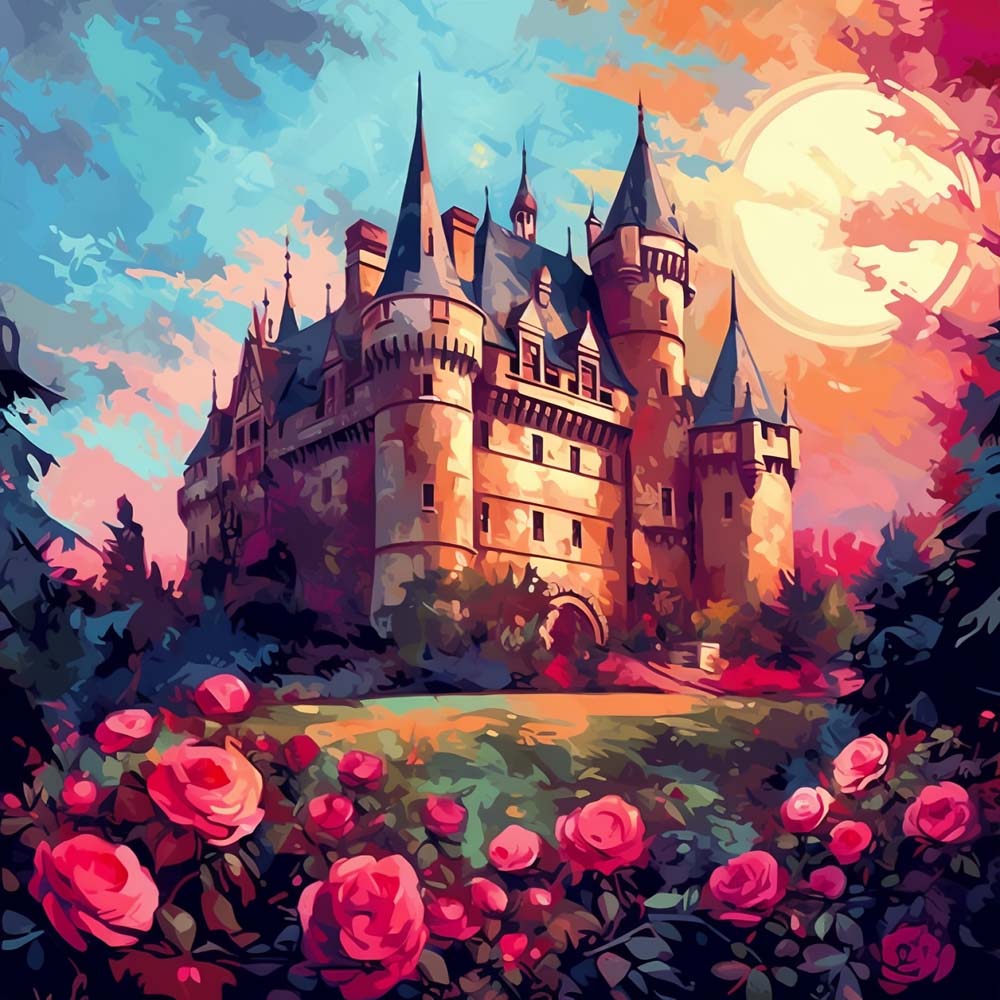 Medieval castle with roses cross stitch kit for beginners