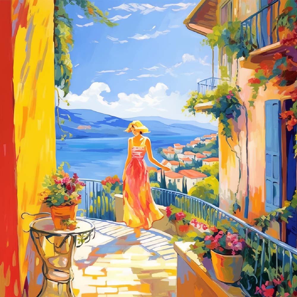 Mediterranean coastal terrace scene cross stitch kit for beginners