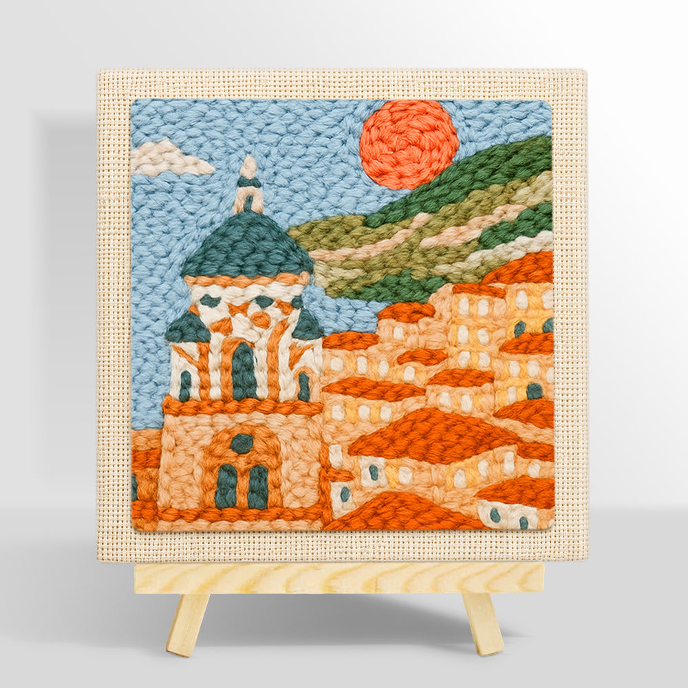 Mediterranean coastal town punch needle kit for beginners