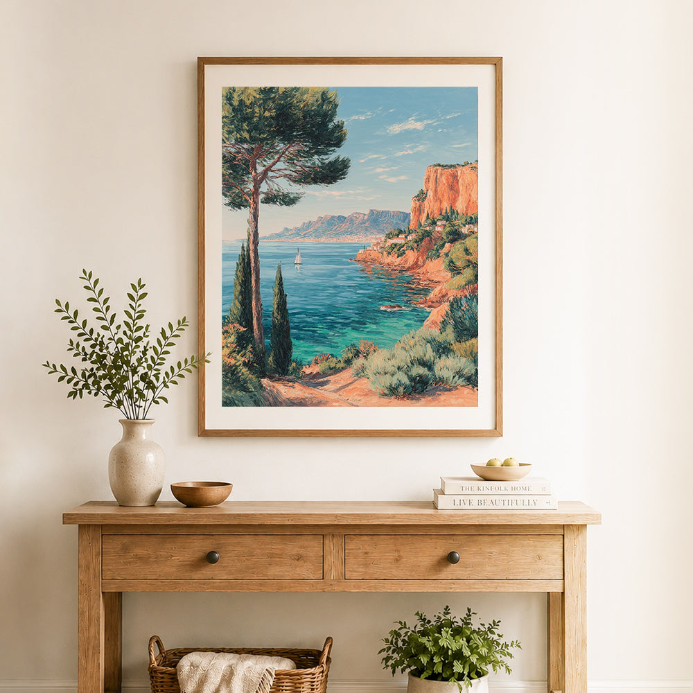Finished mediterranean coastal view cross stitch artwork displayed as home decor