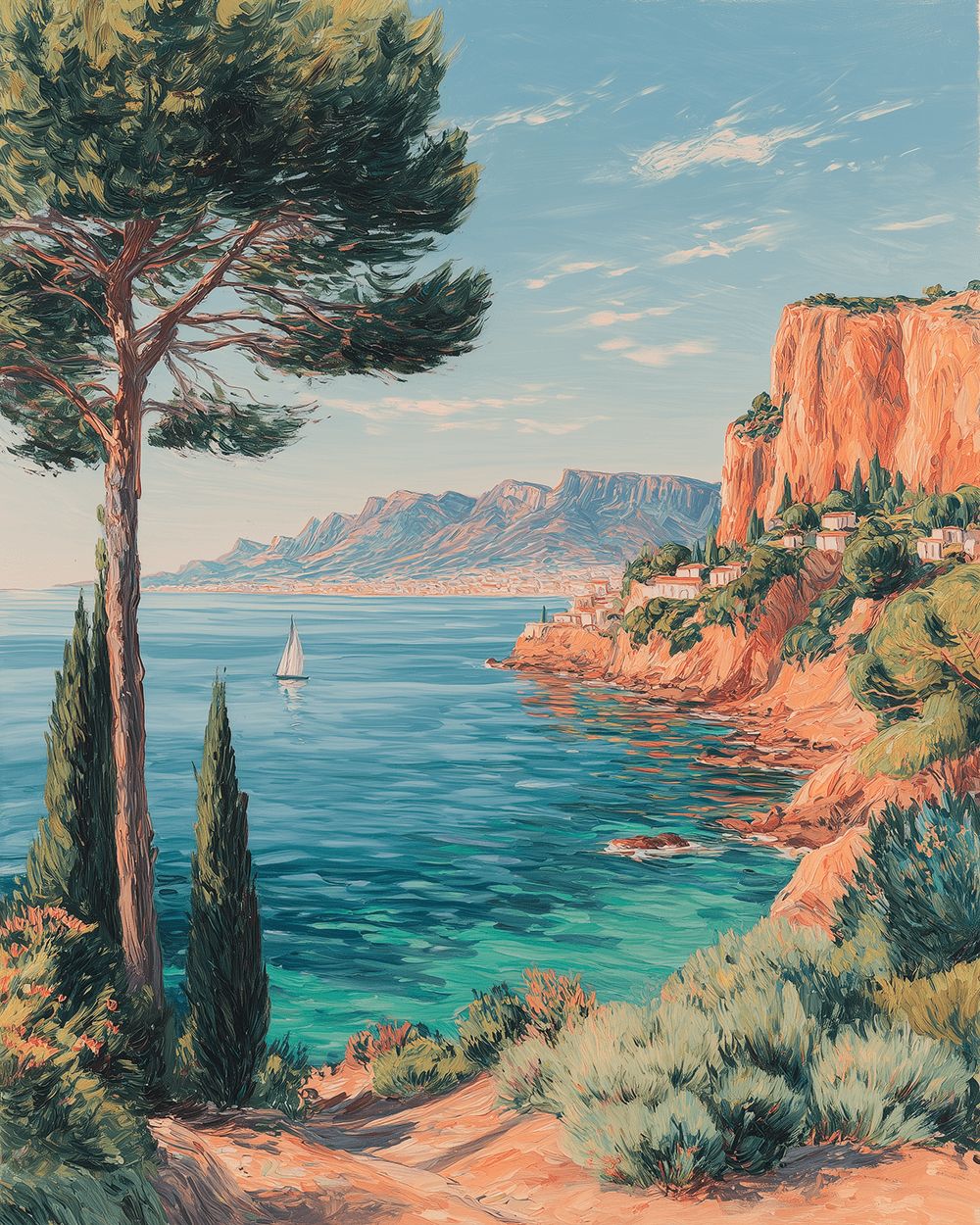 Mediterranean coastal view cross stitch kit for beginners