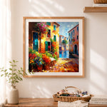 Finished mediterranean courtyard full of blooms cross stitch artwork displayed as home decor