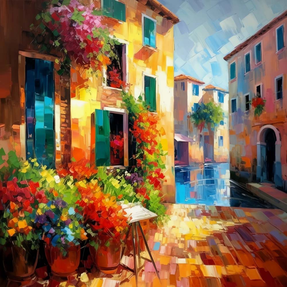 Mediterranean courtyard full of blooms cross stitch kit for beginners
