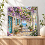 Finished mediterranean courtyard with wisteria blooms pearl diamond painting artwork displayed as holiday home decor