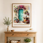 Finished mediterranean floral door cross stitch artwork displayed as home decor