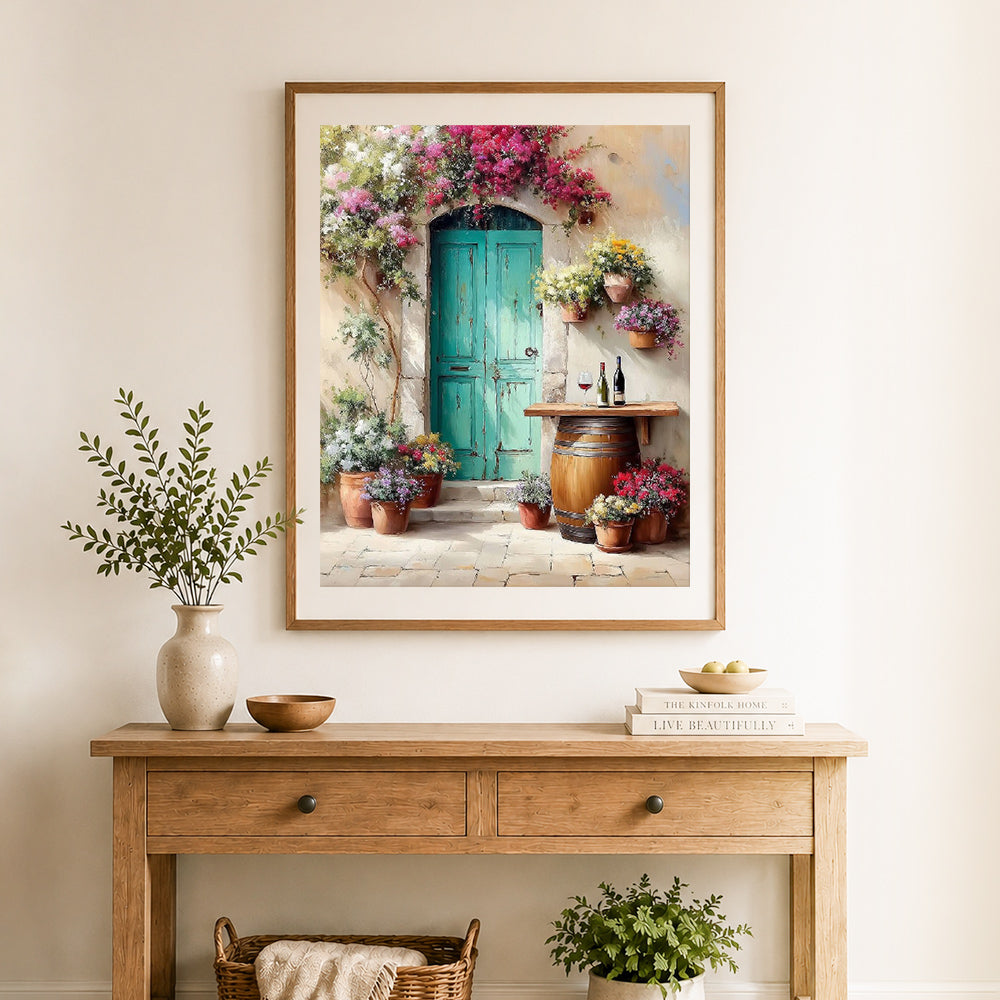 Finished mediterranean floral door cross stitch artwork displayed as home decor