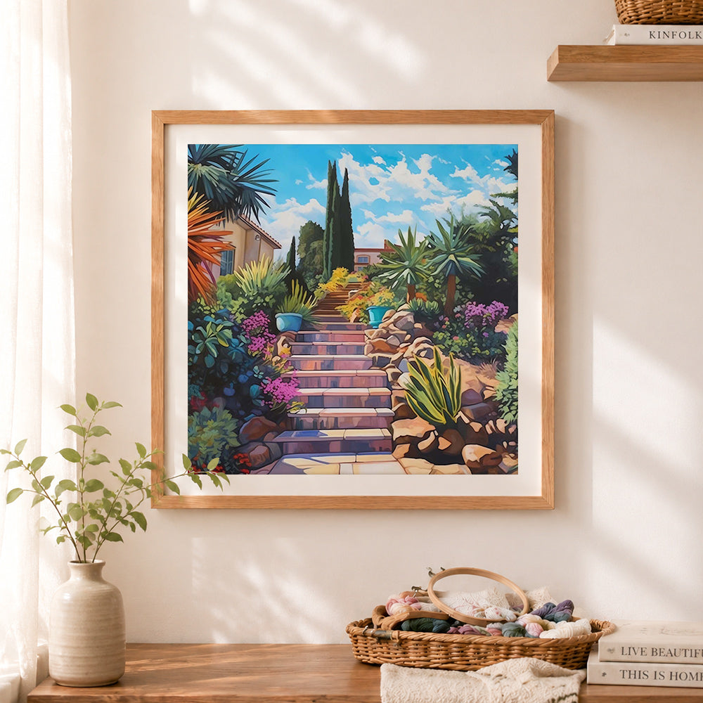 Finished mediterranean garden stone staircase cross stitch artwork displayed as home decor