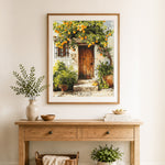 Finished mediterranean orange tree doorway cross stitch artwork displayed as home decor
