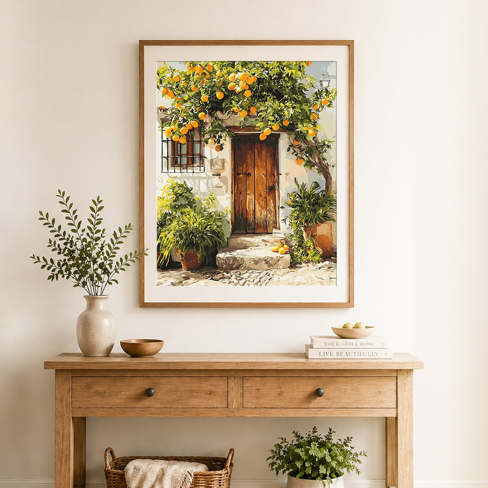 Finished mediterranean orange tree doorway cross stitch artwork displayed as home decor
