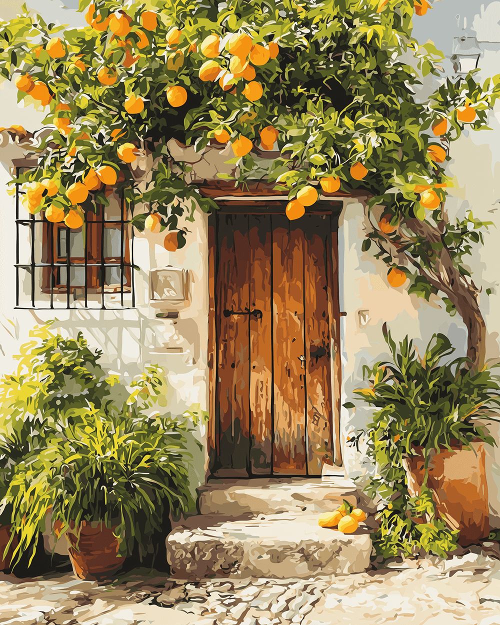 Mediterranean orange tree doorway cross stitch kit for beginners