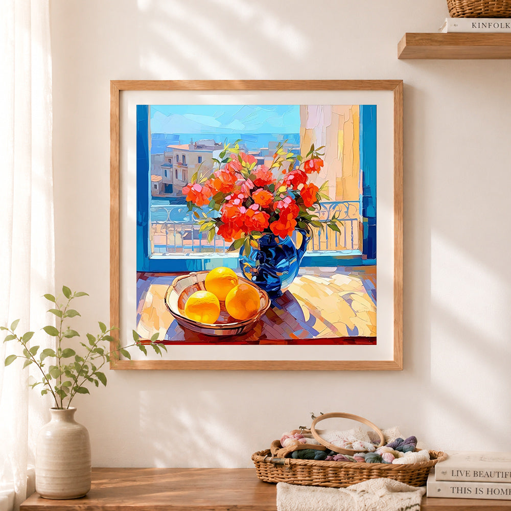 Finished mediterranean window floral still life cross stitch artwork displayed as home decor