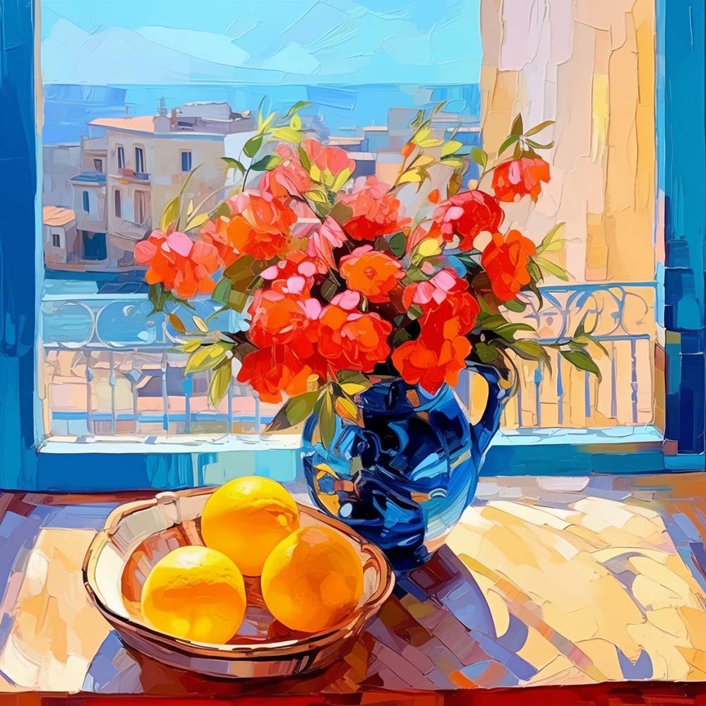 Mediterranean window floral still life cross stitch kit for beginners