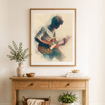 Finished melodic guitar moment cross stitch artwork displayed as home decor