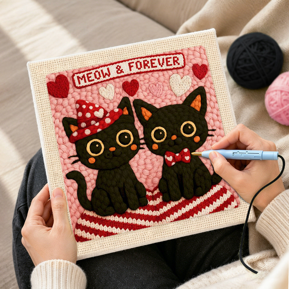 Creating handmade "MEOW and FOREVER" black cat couple punch needle artwork