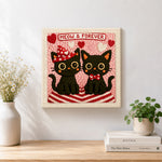Finished "MEOW and FOREVER" black cat couple artwork displayed on a wall