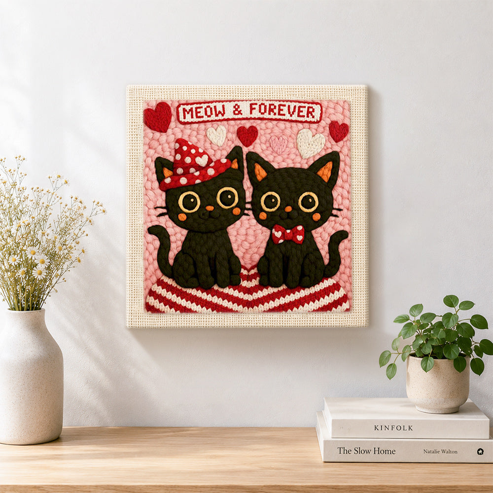 Finished "MEOW and FOREVER" black cat couple artwork displayed on a wall