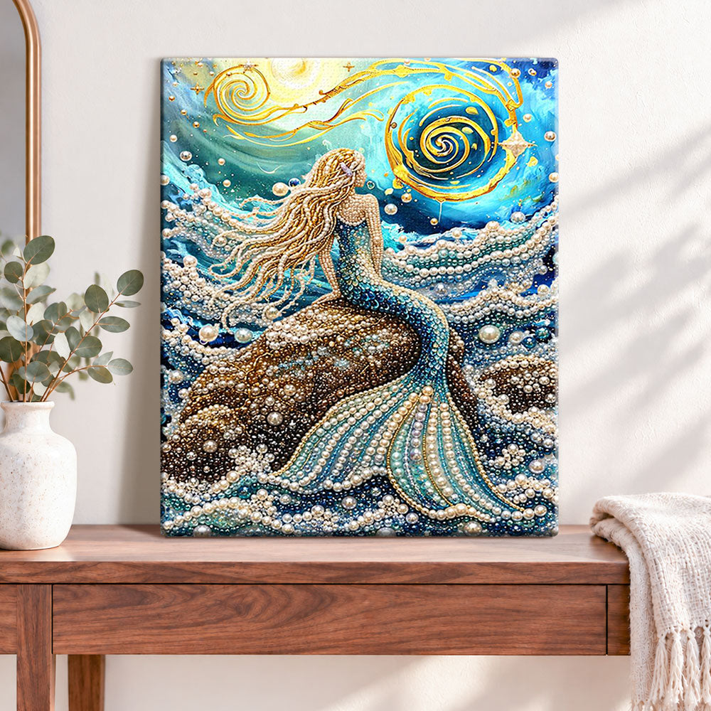 Finished mermaid by ocean waves pearl diamond painting artwork displayed as home decor