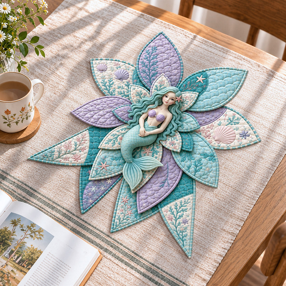Mermaid handmade quilted bow displayed on a table as seasonal home decor